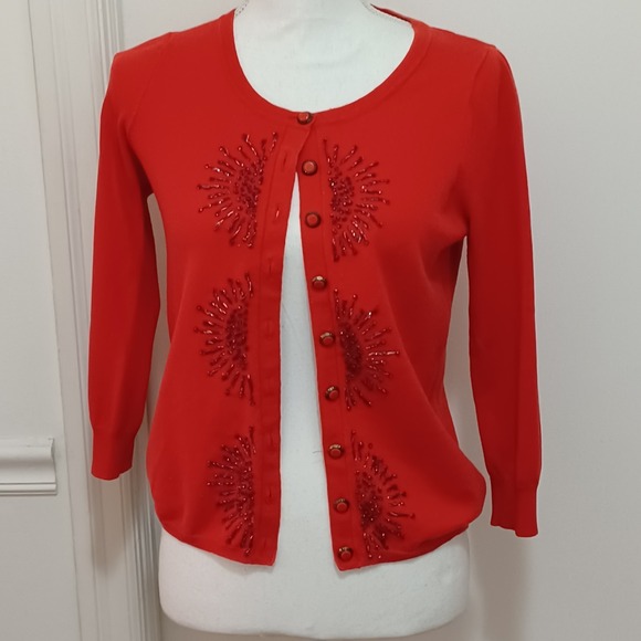 Anthropologie HWR Monogram Womens Sz S Red Beaded Cardigan Sweater Christmas‎ - Picture 2 of 11